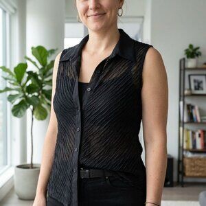 Baranda Made In Canada Black Textured Sleeveless Button-Down Shirt Semisheer L